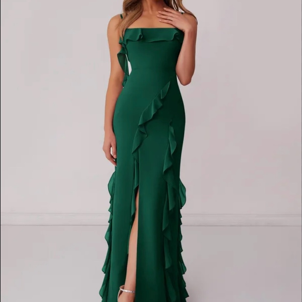 Azazie One-Shoulder Emerald Green Ruffled Gown